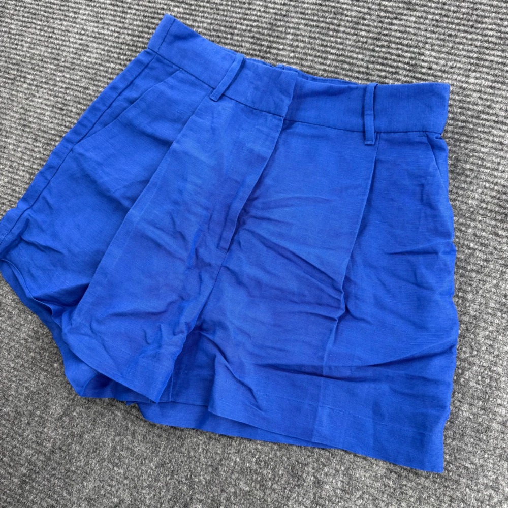 Blue Linen Blend Pleated High Waisted Shorts Womens Size 6 Summer Casual